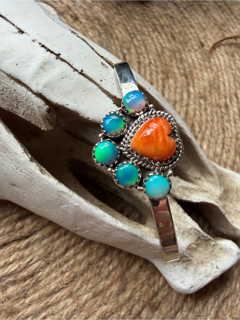 Sterling Silver Orange Spiny Heart & Turquoise Opal Cuff Bracelet